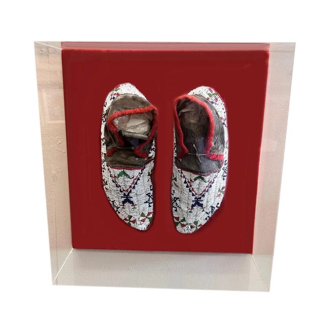 Antique Custom Framed Cheyenne Beaded Sinew Sewn Moccasins in the Style of Native American Arts and Crafts For Sale - Image 13 of 13