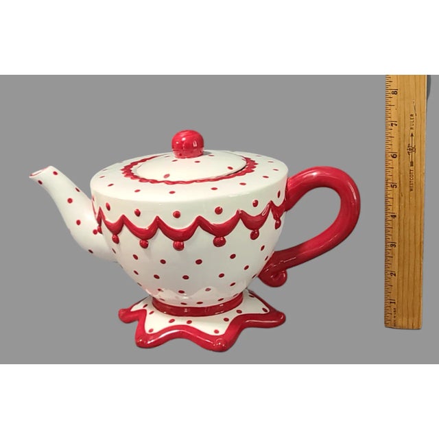 Vintage Fairytale Magenta Red & White Porcelain Polka-Dot Star Base Tea Pot For Sale - Image 4 of 9