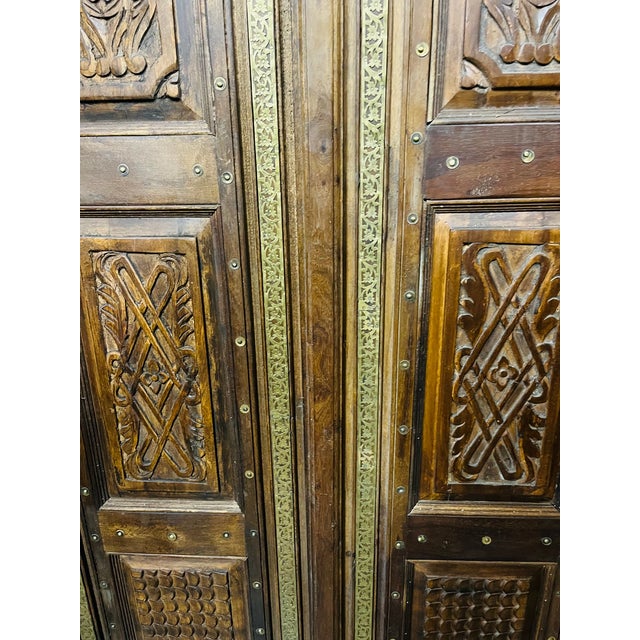 Mid-Century Modern Antique Indian Temple Doors Hand Carved Om Double Doors – Ornate Rustic Wood Entryway 82 For Sale - Image 3 of 7