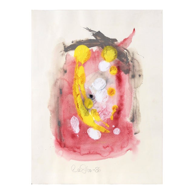 Falling Feathers in Yellow and White Abstract Expressionist in Acrylic on Paper by Ricardo De Silva For Sale