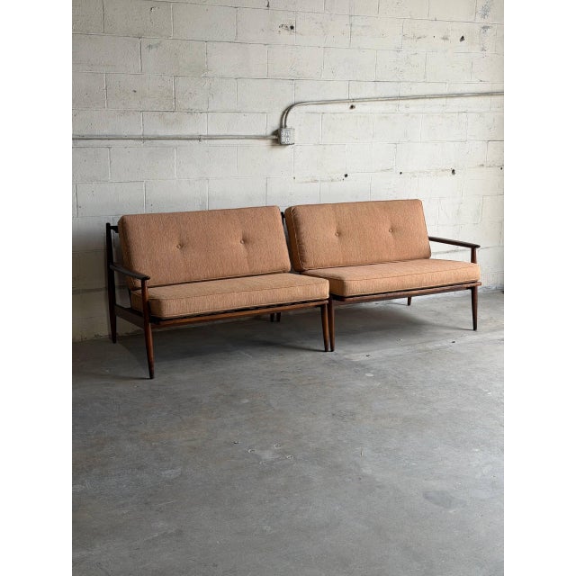 Mid 20th Century Mid Century Walnut Sofa Set Loveseat Pair + Coffee Table 3 Piece For Sale - Image 5 of 10