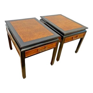 1990s Vintage Century Side Tables Nightstands Single Drawer Burl Walnut Top - a Pair For Sale