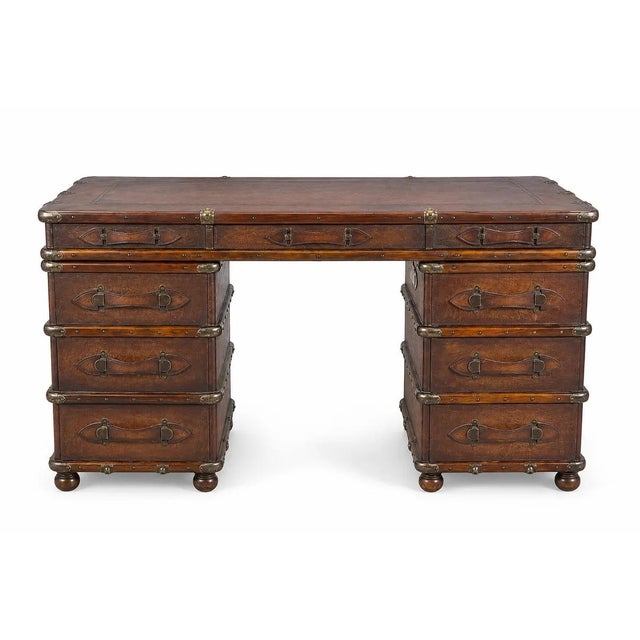British Colonial Faux Luggage Campaign-Style Kneehole Desk For Sale - Image 4 of 8