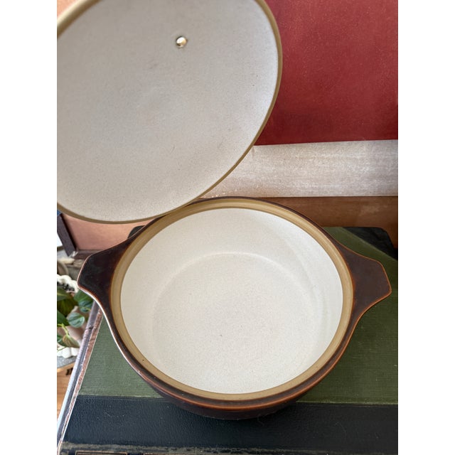 1960s Denby Langley England Stoneware Brown and Cream Pottery Lidded Casserole For Sale - Image 9 of 11