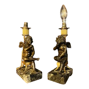 C1820 French Regency Gilt & Patinated Bronze Cherub Candlesticks Now Table Lamps - Auction Prov. A - Pair