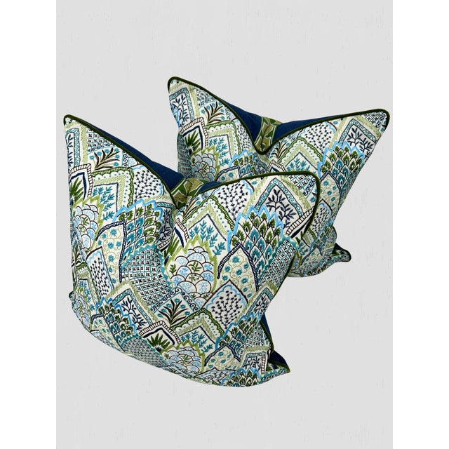 2020s Schumacher Albizia Embroidery Fabric / Blue & Green Pillow Pair For Sale - Image 5 of 11