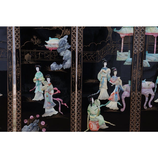 Mid-Century Chinese Black Lacquer 4-Panel Wall Screen – Raised Hardstone & Mother-of-Pearl Elevate your space with a...