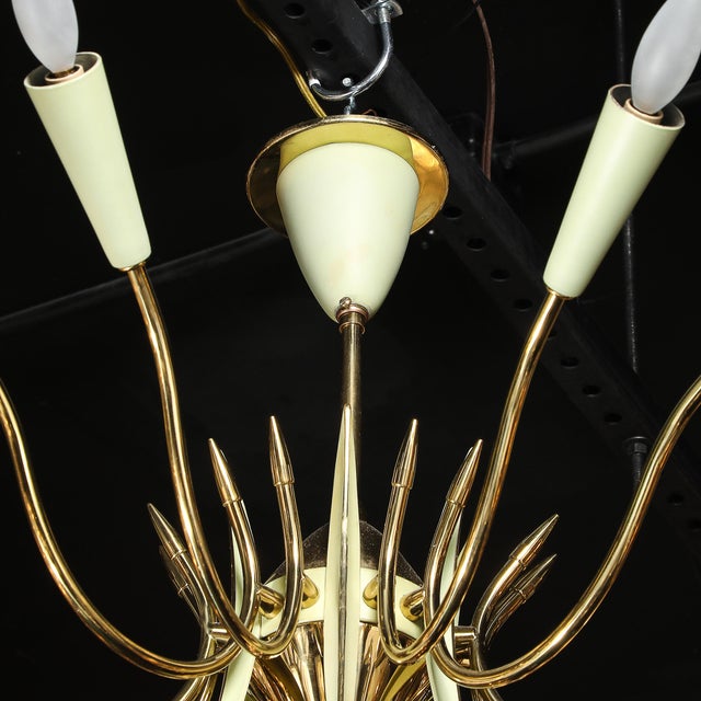Mid-Century Polished Brass & Green Enamel 12 Light Chandelier by Stilnovo For Sale - Image 11 of 18