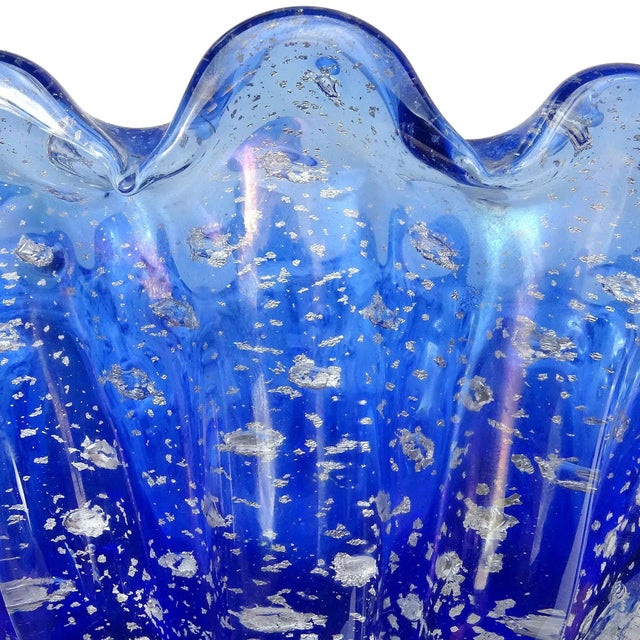 Barovier Toso Murano Vintage Cobalt Blue Silver Flecks Italian Art Glass Conch Shell Bowl Vase For Sale In Orlando - Image 6 of 9