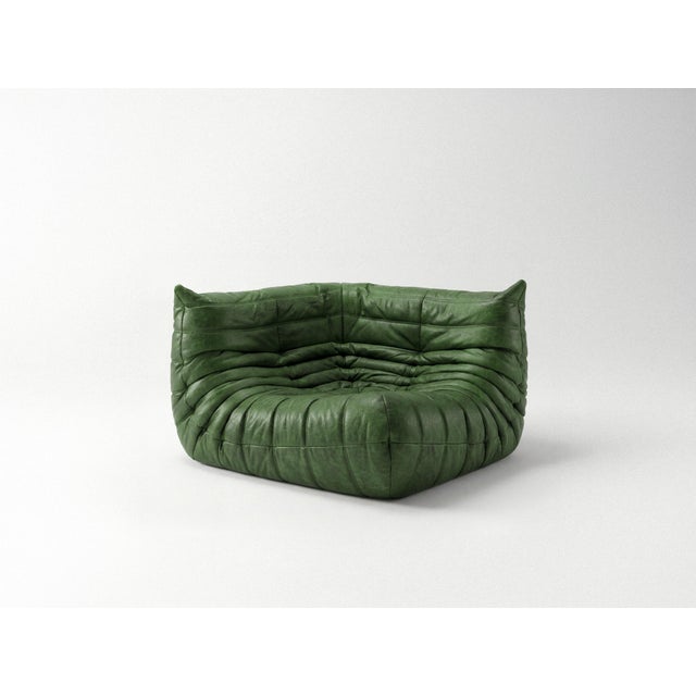 Togo Sofa Set in Green Leather by Michel Ducaroy for Ligne Roset, Set of 5 For Sale - Image 9 of 13