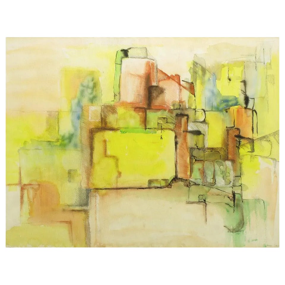 Jansen Abstract Mixed-Media Painting in Yellow, Green, Tan and Blue ...