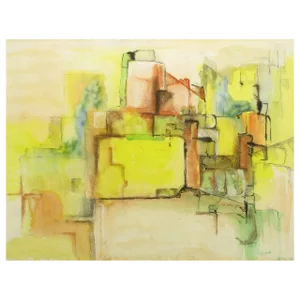 Jansen Abstract Mixed-Media Painting in Yellow, Green, Tan and Blue