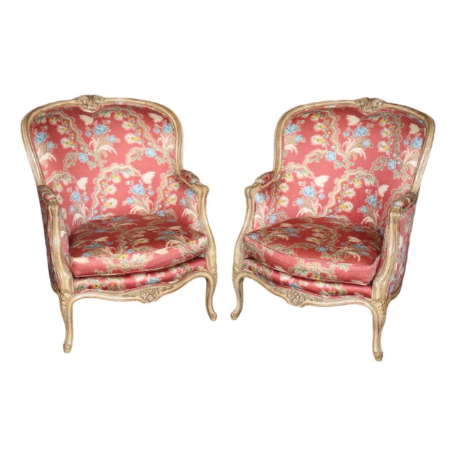 Gorgeous Pair of Paint Decorated Upholstered French Large Bergere Chairs For Sale
