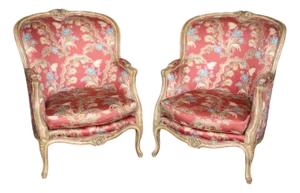 Gorgeous Pair of Paint Decorated Upholstered French Large Bergere Chairs