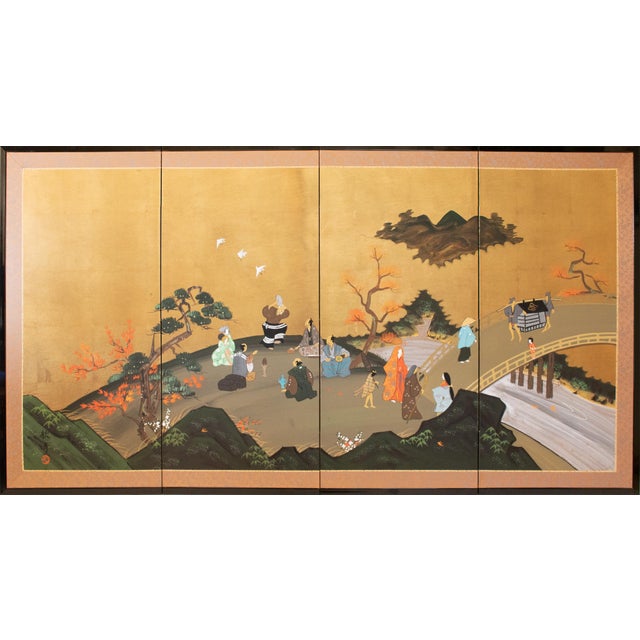 1960s Shōwa Era Japanese Byobu Screen "Autumn Festival Scene by the Bridge" For Sale - Image 17 of 17