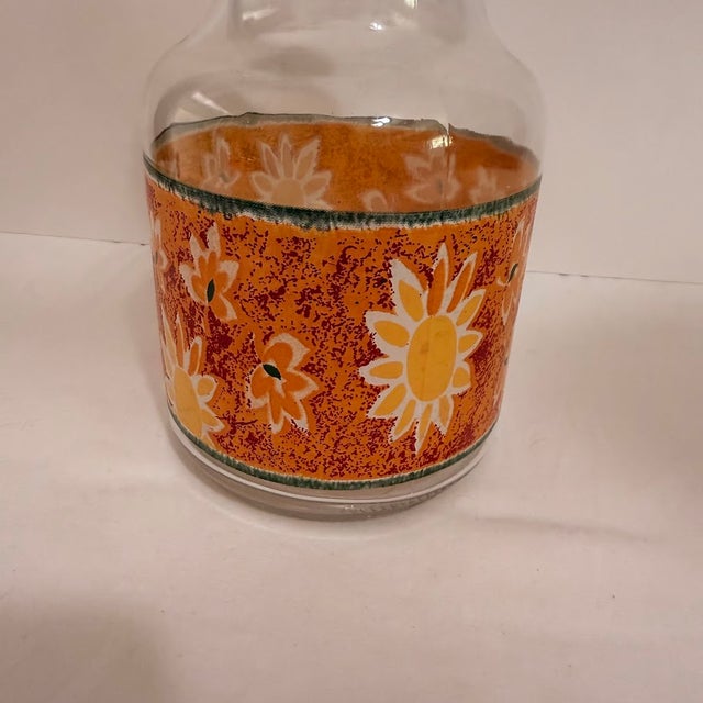 Glass Vintage Mid Century Modern Kig Glass Carafe Sunflower Floral Orange Retro Juice Pitcher For Sale - Image 7 of 10