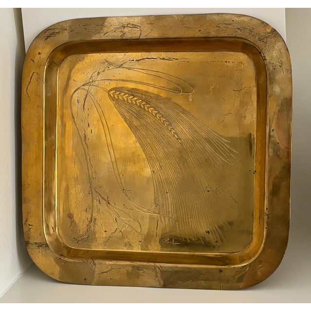 Large Modernist square brass serving tray with etched wheat motif signed by artist. Use for holding collections on your...