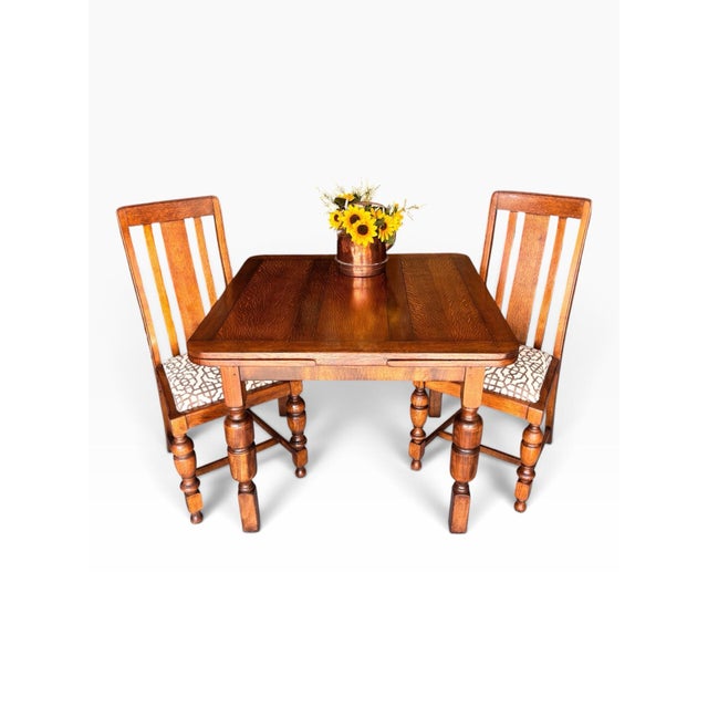 Fully Restored 1930s Draw Leaf Table. Quarter Sawn Solid Oak With Original Matching Chairs - Set of 4 Chairs For Sale - Image 11 of 11