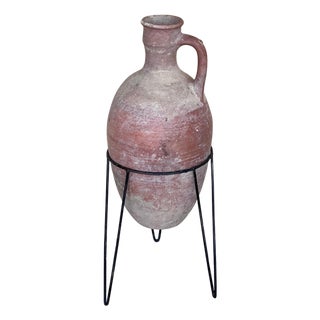 1890 Terracotta Amphora Vase or Jar with handle with metal support For Sale