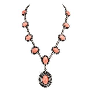 Indian Coral and Diamond Necklace in Oxidized Silver and 14k Gold, C. 1980 For Sale