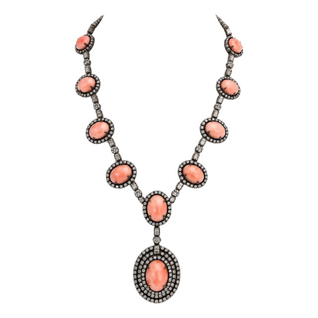 Indian Coral and Diamond Necklace in Oxidized Silver and 14k Gold, C. 1980 For Sale