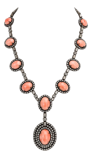 Indian Coral and Diamond Necklace in Oxidized Silver and 14k Gold, C. 1980