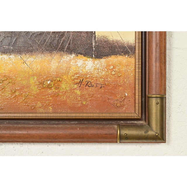 Gold Original Artist Signed ‘Seaside Harbor’ Acrylic Painting in Carved Walnut and Brass Frame For Sale - Image 8 of 12