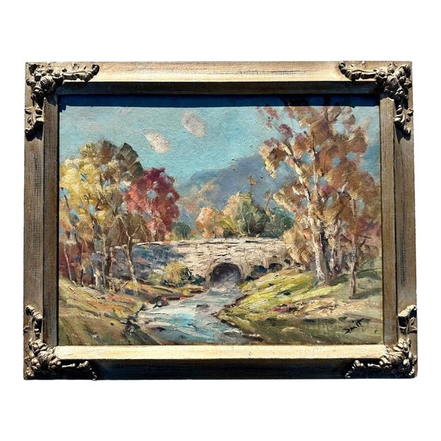 1960s Derk Smit (1889–1985) – Original Oil Landscape Painting Bridge Over Stream For Sale