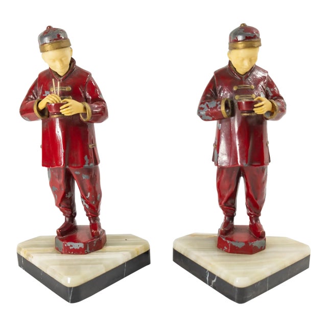 1940s Pair of French Art Deco Bookends With Chinese Figures For Sale