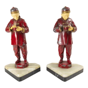 1940s Pair of French Art Deco Bookends With Chinese Figures