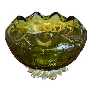 Vintage Green Pressed Glass Bowl With Scalloped Rim and Silver-Toned Floral Base. For Sale