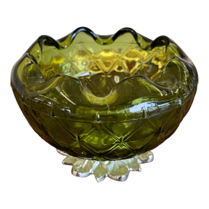 Vintage Green Pressed Glass Bowl With Scalloped Rim and Silver-Toned Floral Base.