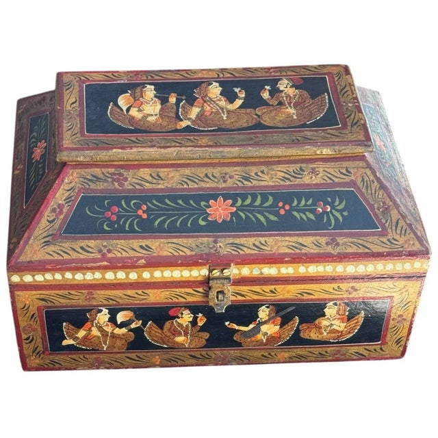 Gold 1920s Anglo Raj Indian Hand Painted Wooden Jewelry Box For Sale - Image 8 of 9