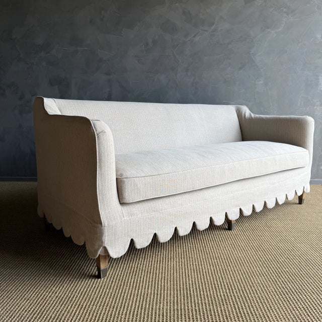 Madison Slip Covered Ticking Stripe Linen Sofa With Scallop Skirt Down Cushion For Sale In Los Angeles - Image 6 of 10
