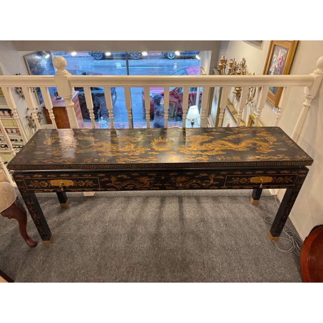 Ebony Mid 20th Century Trouvailles Hand Painted Dragon Motif Low Alter Table For Sale - Image 8 of 12