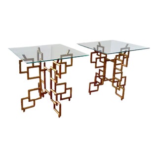 Late 20th Century Brass Geometric, Folding Side Tables With Glass Tops, Pair (2) For Sale