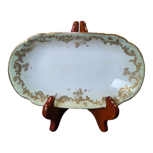 Antique Elite Works Limoges 8.5" Relish Dish - Gilded Scrolls & Celadon Dot Border