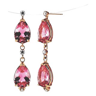 14k Yellow Gold Natural Pink Topaz and Diamond Long Drop Earrings For Sale