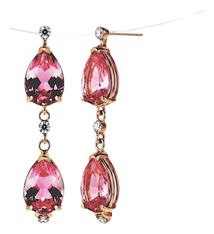 14k Yellow Gold Natural Pink Topaz and Diamond Long Drop Earrings