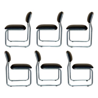 Set of Six Cantilever Chars in Leather and Steel, 1970s For Sale