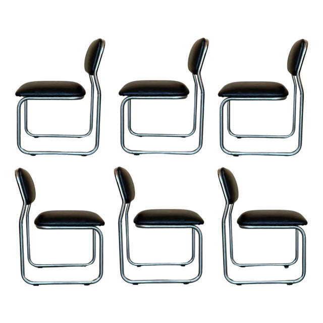 Set of Six Cantilever Chars in Leather and Steel, 1970s For Sale