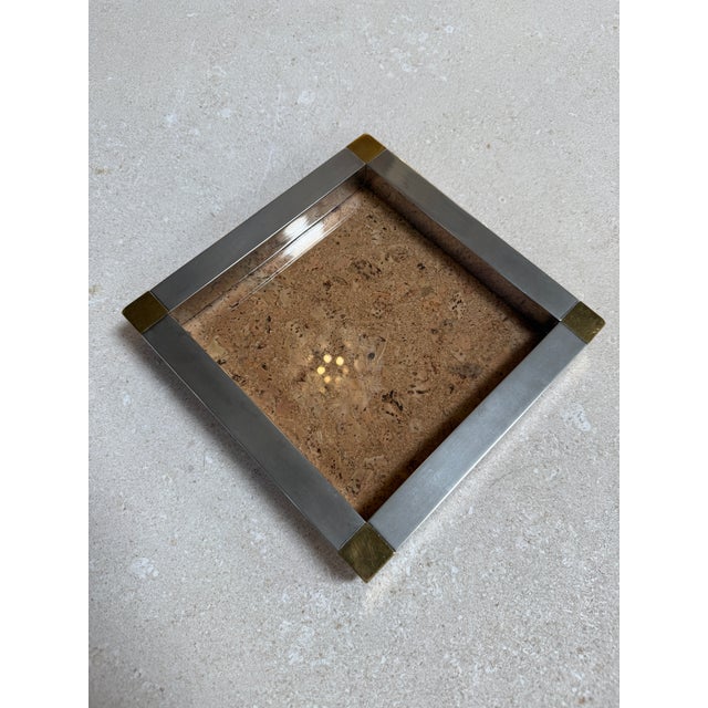 Wood Vintage Cork and Metal Tray With Brass Corner Accents For Sale - Image 7 of 7