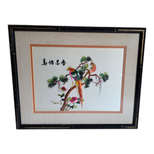 Vintage Chinese Embroidered Silk Framed Art Floral and Birds Asian Design