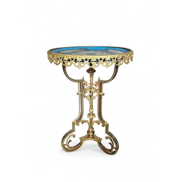 19th Century French Sèvres Style Hand-Painted Porcelain Table with Gilt Bronze Mounts Elegant round side table in the...