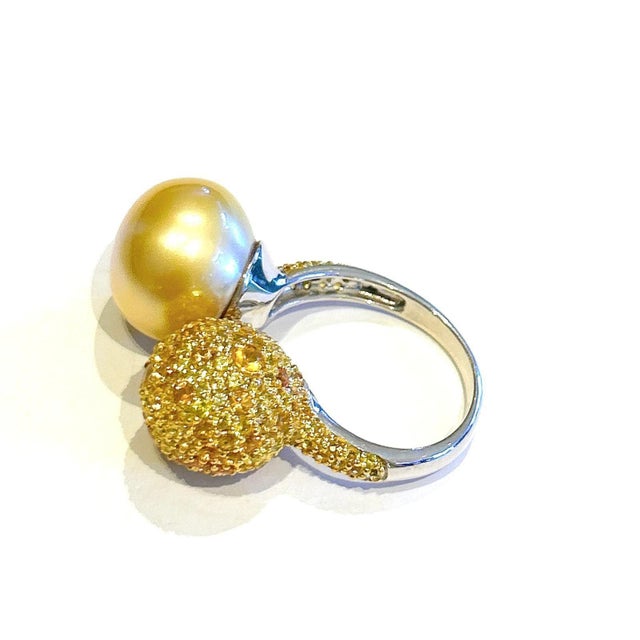 Bochic “Orient” Vintage South Sea Pearl & Sapphire Ring Set 18K Gold & Silver Natural Yellow Sapphire 1 carats South Sea...