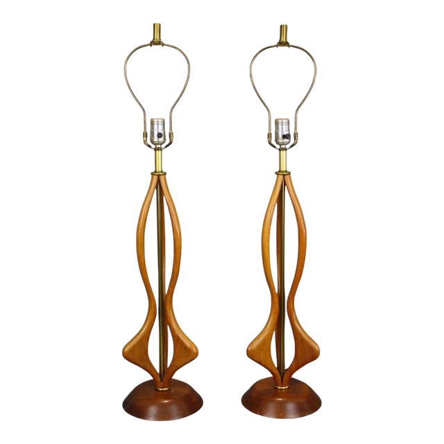 1960s Modeline Style Pair of Vintage Mid Century Modern Sculpted Walnut Table Lamps For Sale