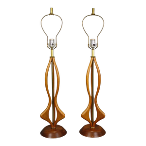 1960s Modeline Style Pair of Vintage Mid Century Modern Sculpted Walnut Table Lamps