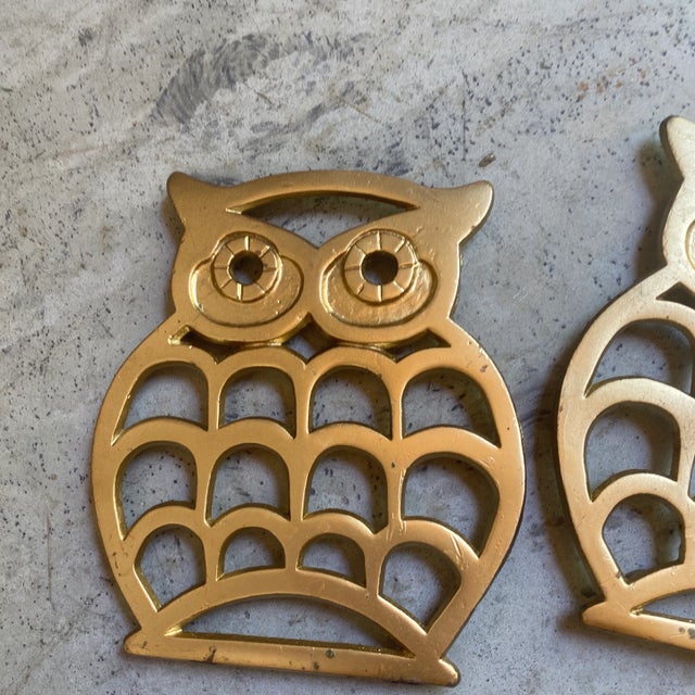 Metal 1970s Brass Owl Trivets- a Pair For Sale - Image 7 of 9