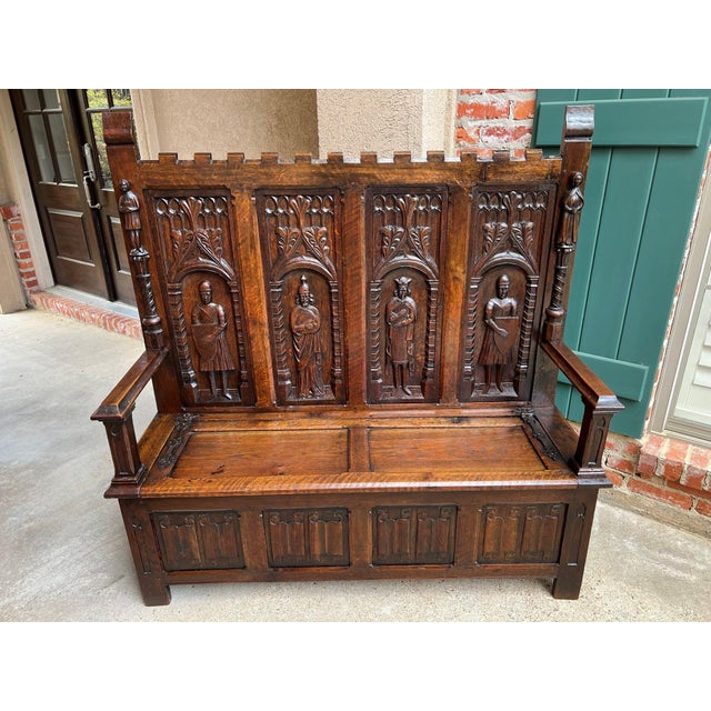 Antique English Gothic Hall Bench Carved Oak Medieval Knights Settle C1880 For Sale - Image 14 of 18