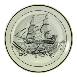 Circa 1800 Creamware Nautical Plate Ship & Trophies British Navy Ensign Herculaneum